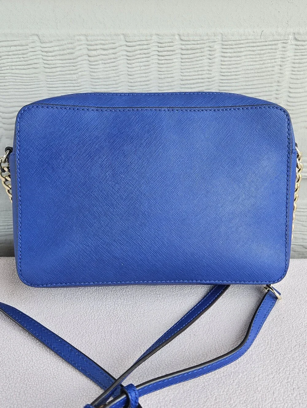 Michael Kors Jet Set Crossbody Purse Handbag Saffiano Leather Blue Chain Strap